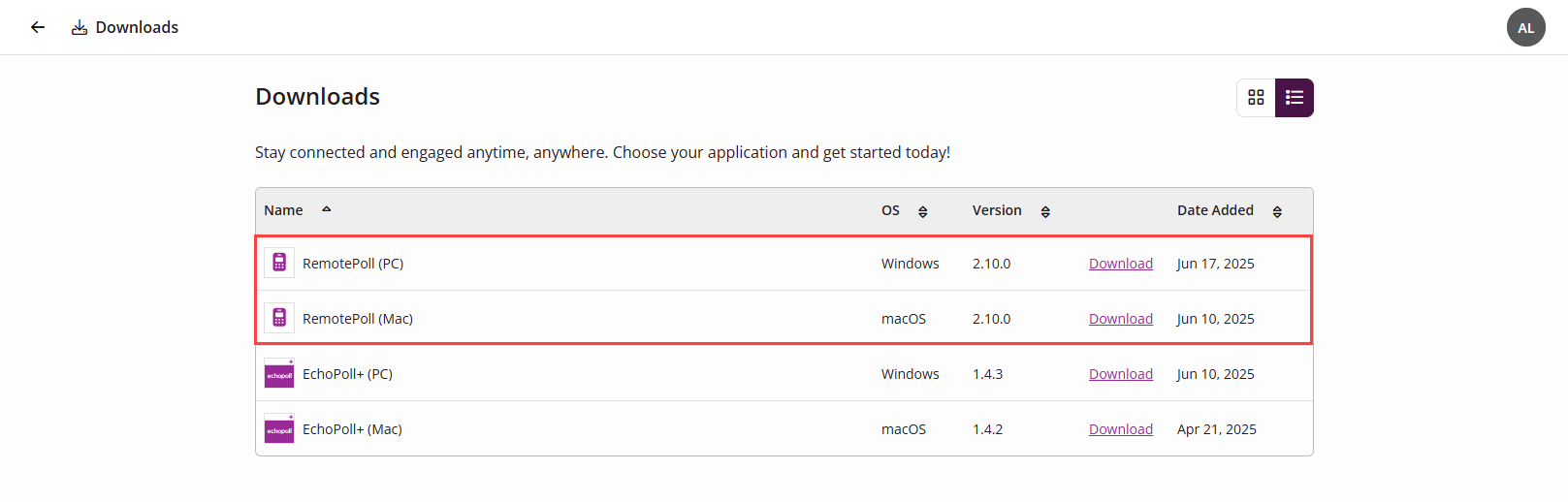 EchoPoll Downloads page with RemotePoll Download links identified as described