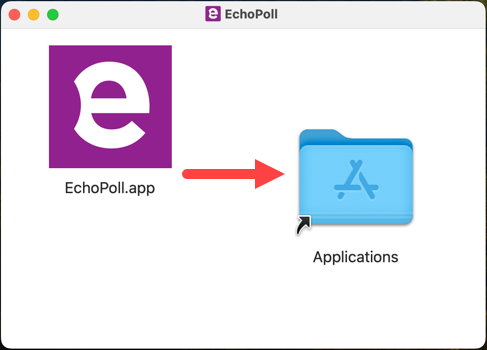 The opened .dmg file showing the EchoPoll icon with a red arrow pointing to the Applications folder