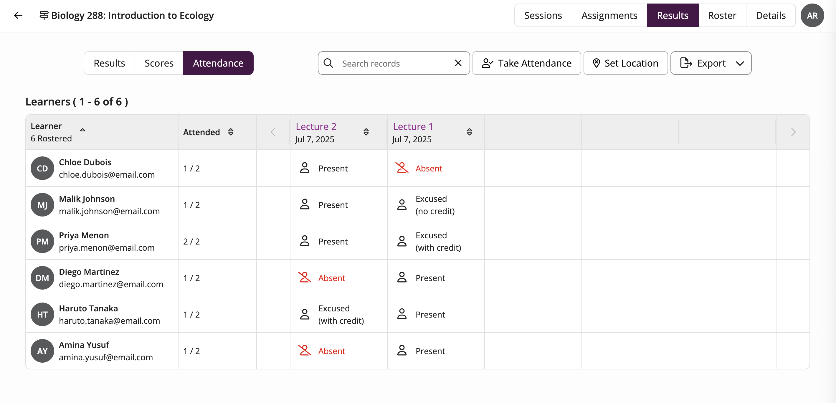 Attendance page showing new options to mark learners Excused with credit or Excused no credit