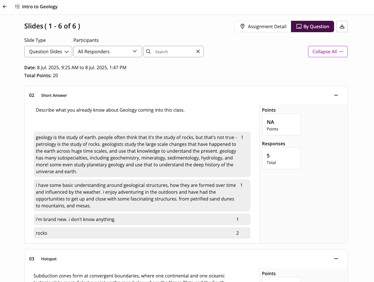 The By Question option of an Assignment report showing the full text for a learner's short answer response