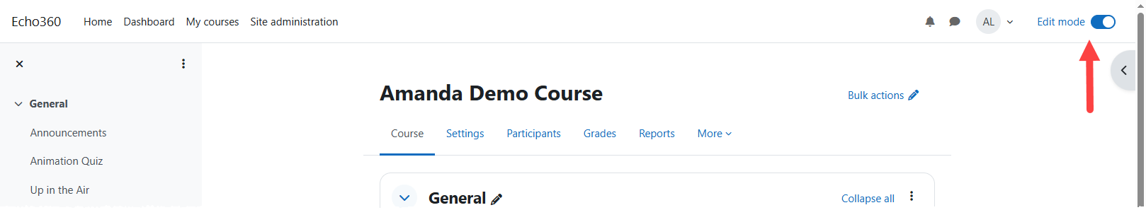 Course settings in Moodle with Edit mode turned on identified