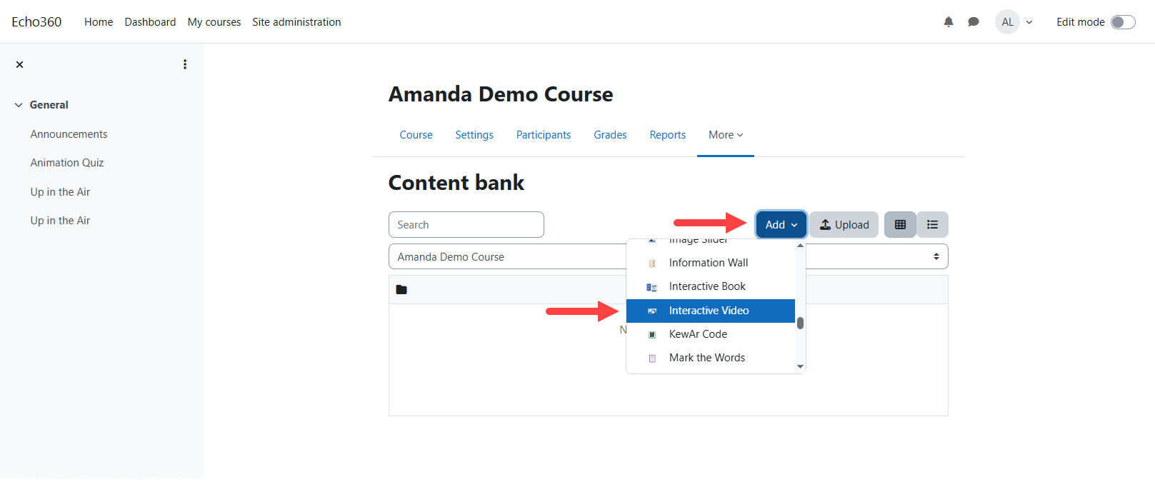 The Add dropdown for Content bank expanded and Interactive Video selected