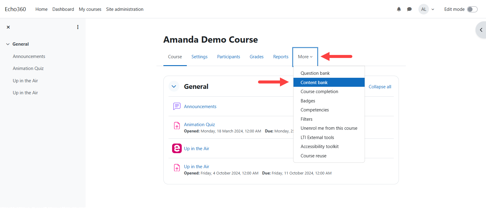 A Moodle course with the More option expanded and Content bank selected