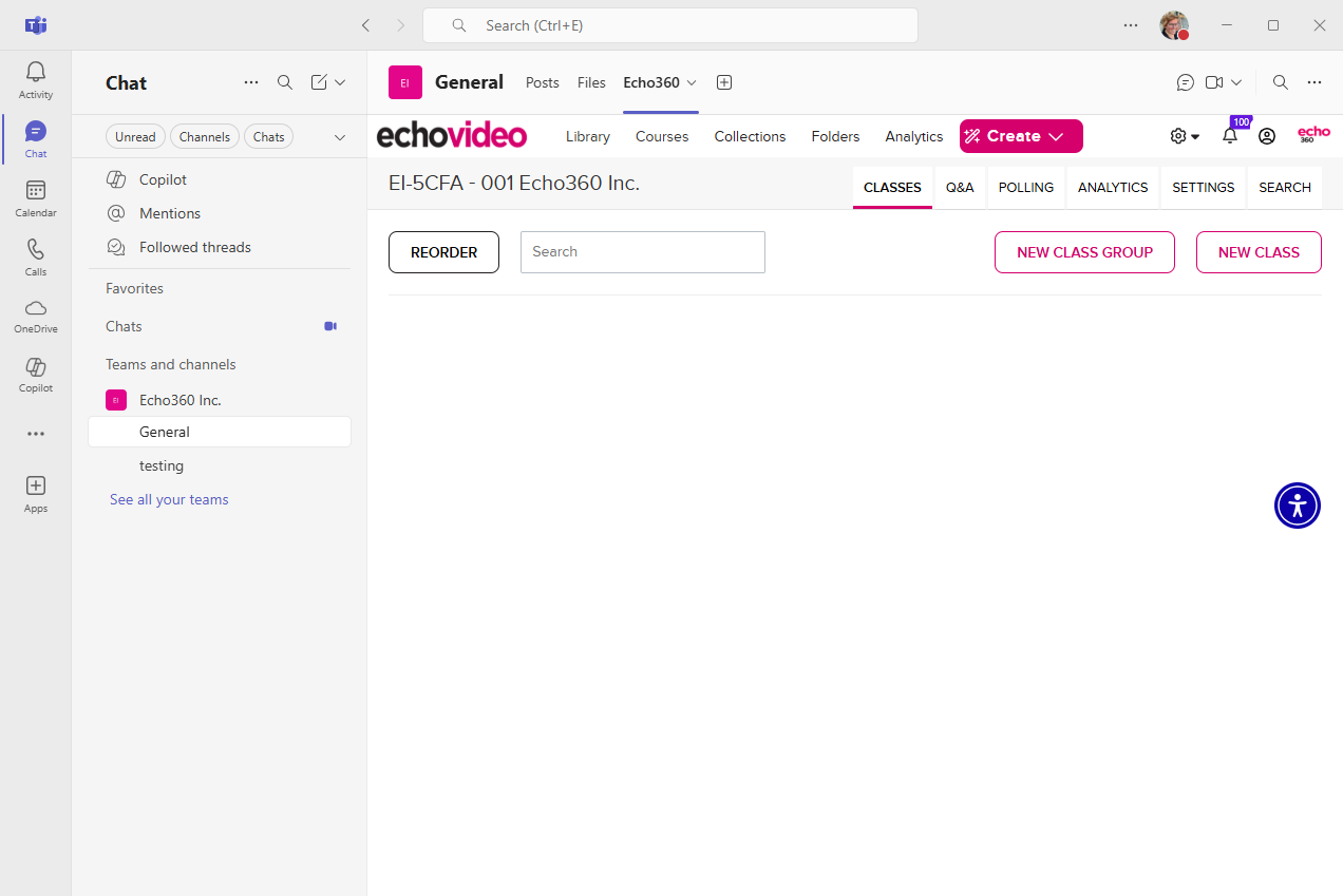 EchoVideo section showing Teams connection for future ingested meeting recordings as described