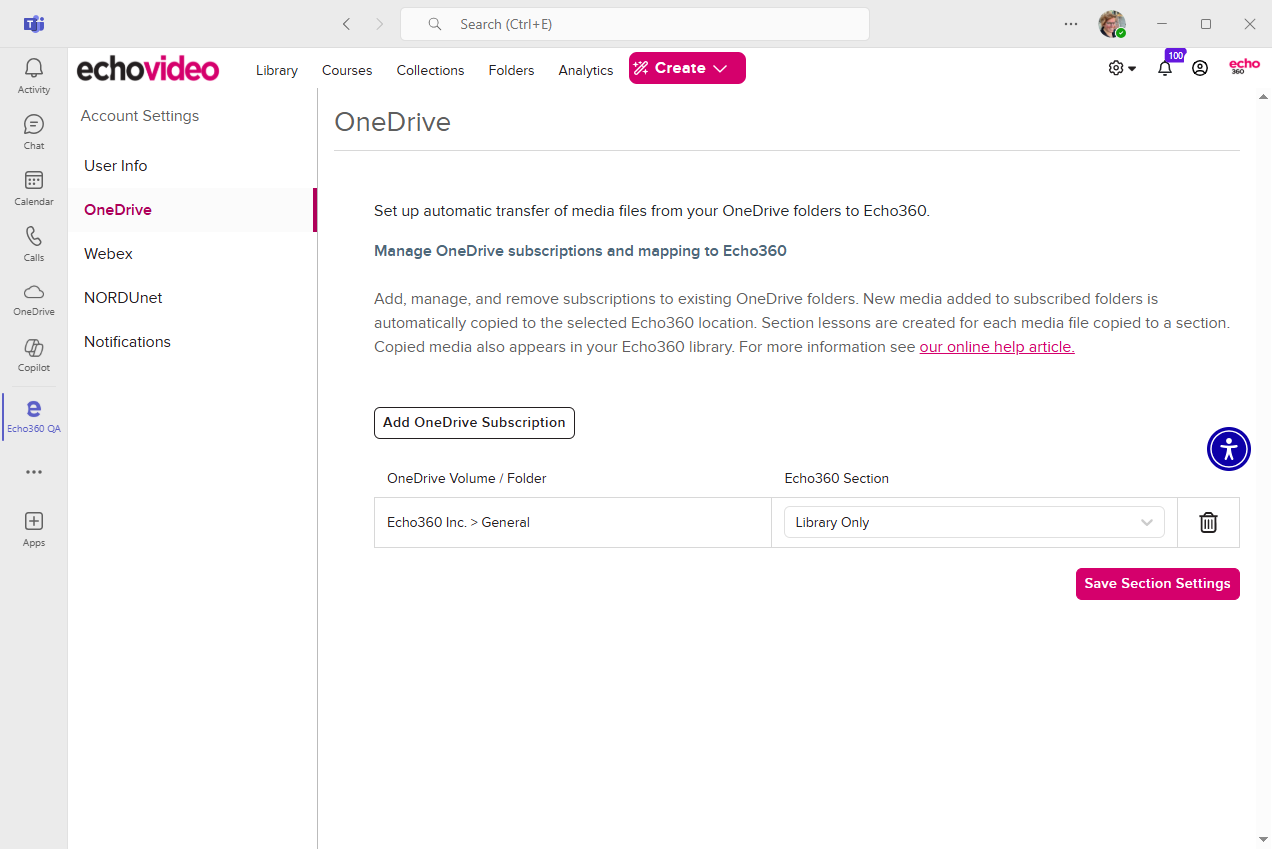 Account Settings page in Echo360 with OneDrive option identified and navigation shown as described