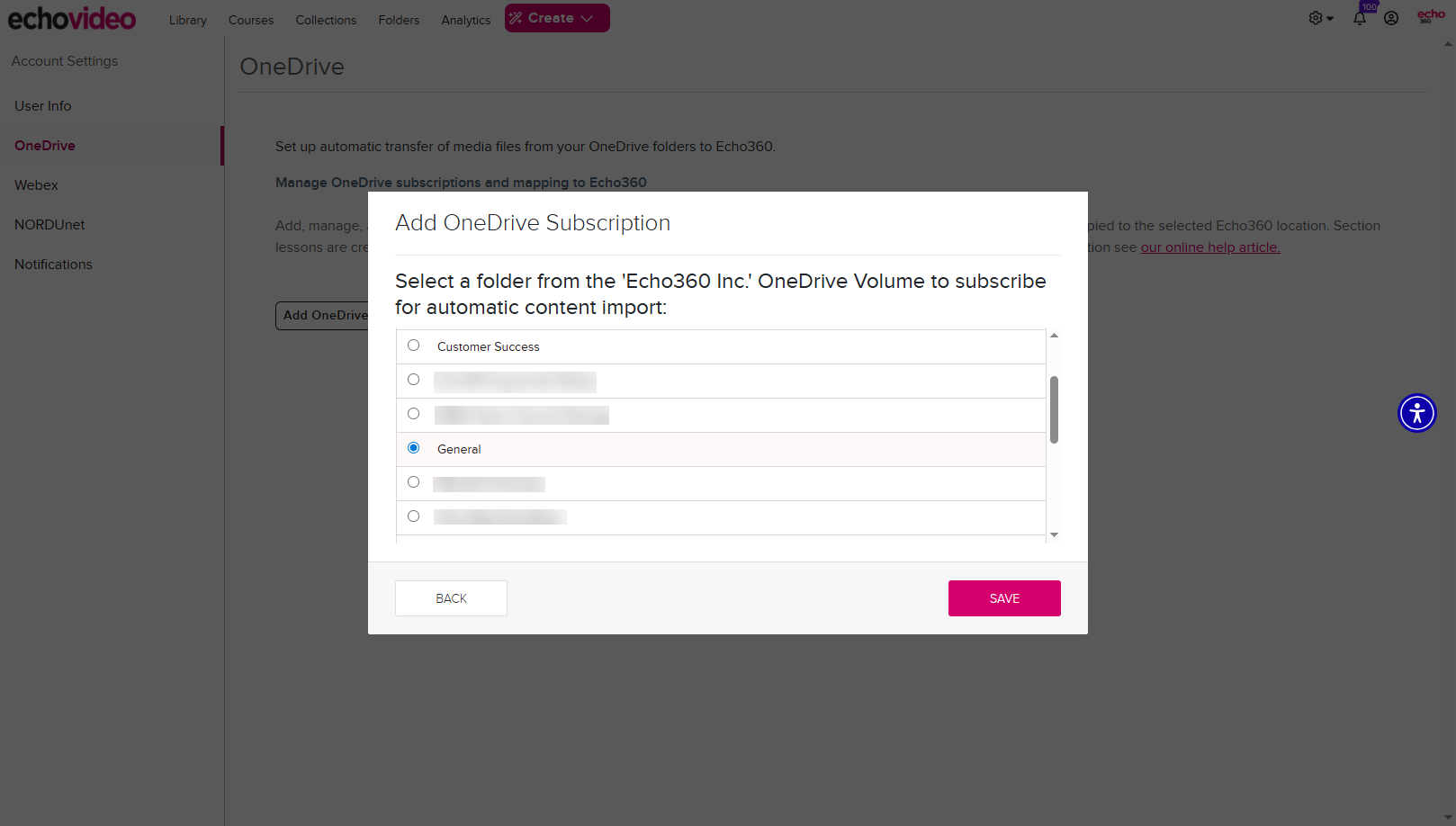 Select OneDrive subscription folder list with corresponding team channnels identified with color coding as described