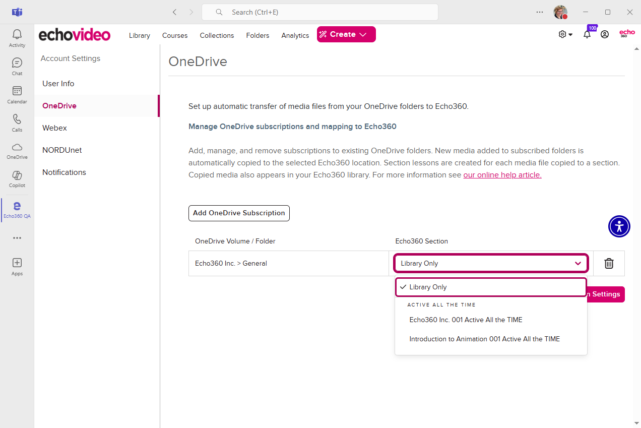 Mapping OneDrive subscription folder to Echo360 section drop-down list identified and open as described