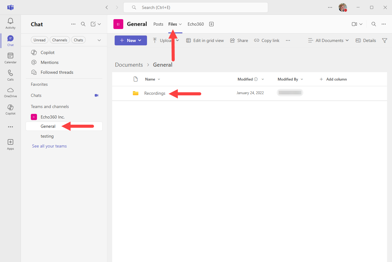 Teams General channel files tab open with Recordings folder showing as described