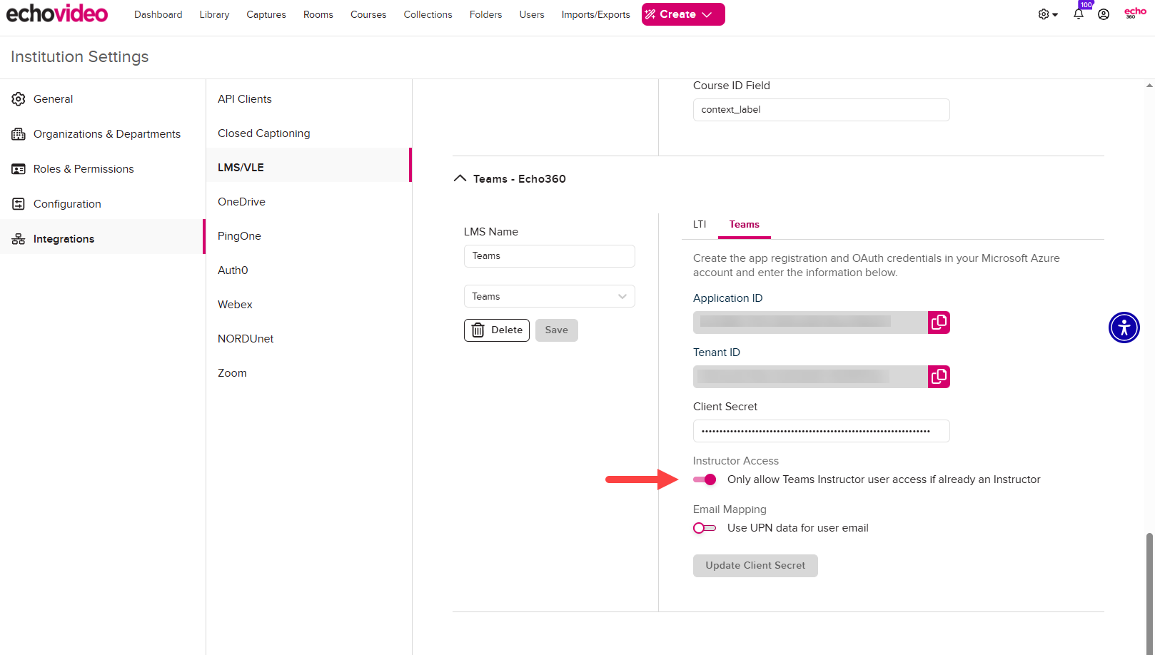 Teams configuration block in Echo360 with Teams tab showing and prevent role escalation toggle identified as described