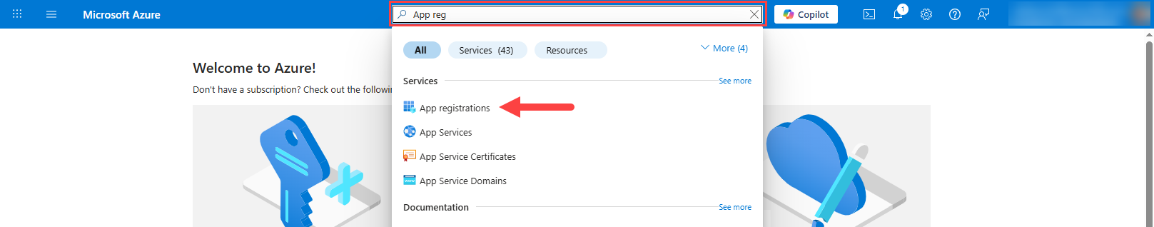 Microsoft Azure administrator portal with search field populated and App Registrations option identified as described