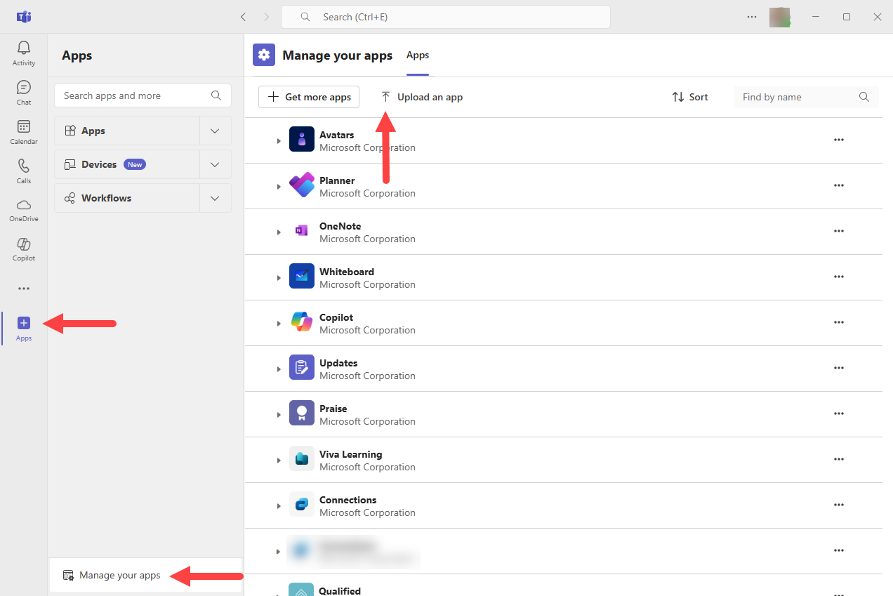 Teams administration portal with Teams apps options showing and Upload button on Manage Apps page identified for steps as described