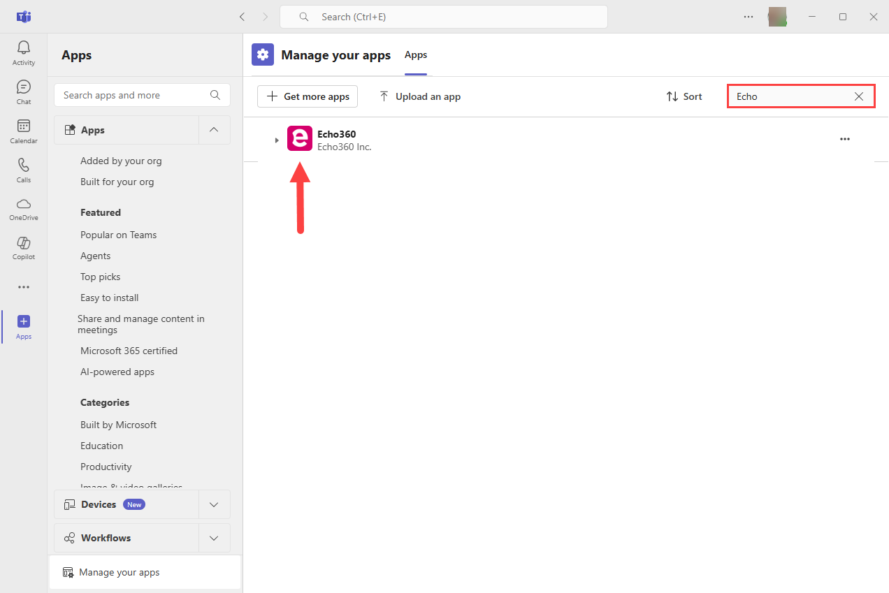 Teams administration portal with Echo app showing in app list as described