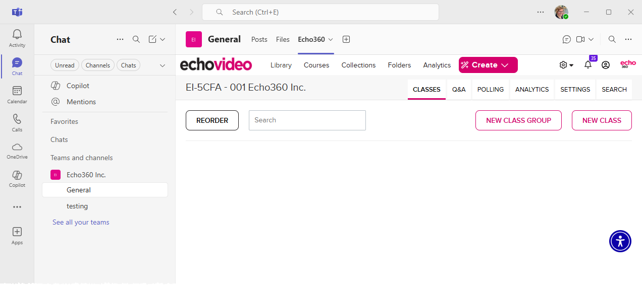 EchoVideo app link through from Teams into mapped section with classes as described