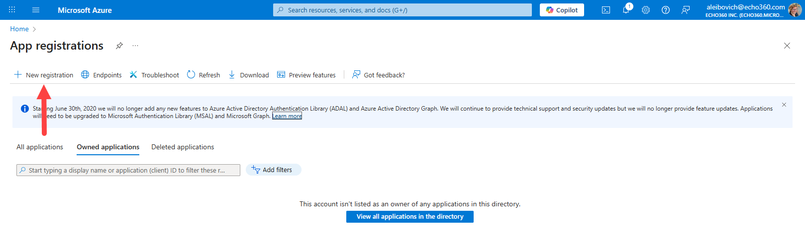 app registration page with new registration button identified for steps as described