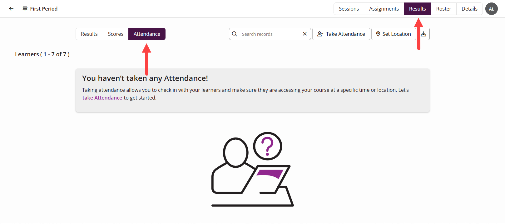 The EchoPoll Results tab with the Results and Attendance tabs identified