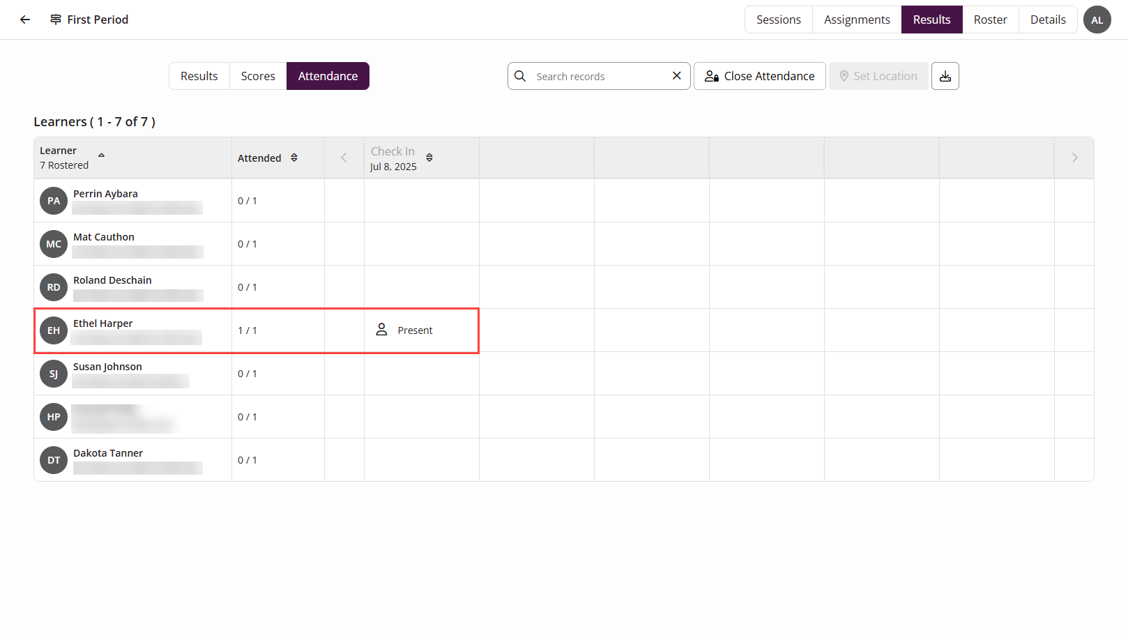 The EchoPoll Attendance Results tab with a learner identified