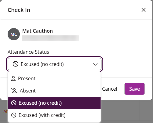 Attendance Status modal showing drop-down expanded