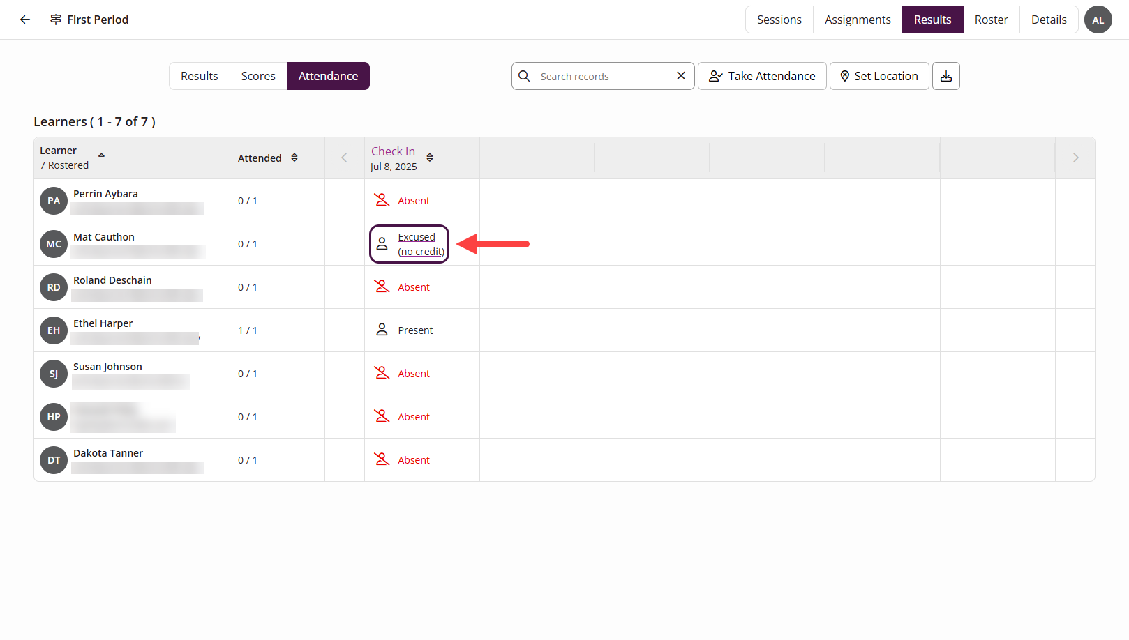 The EchoPoll Attendance Results tab showing an updated attendance result