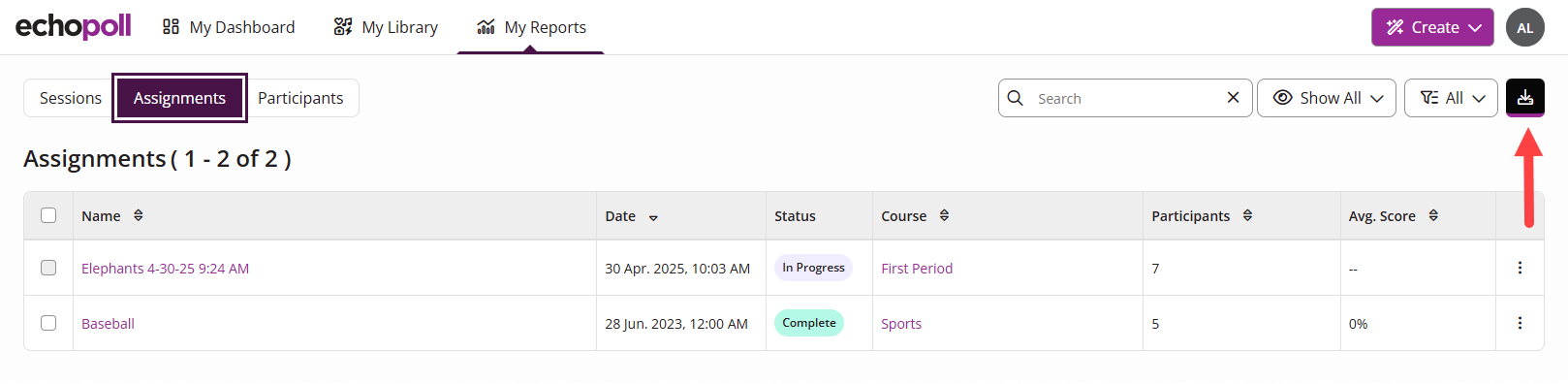 The EchoPoll My Reports tab showing the Assignments list with the download button identified