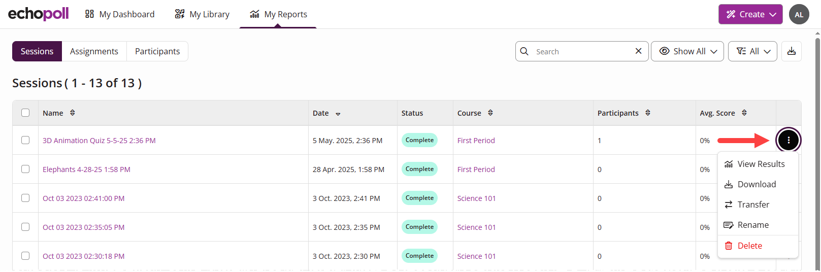 The EchoPoll My Reports tab showing the sessions list with the vertical action menu expanded