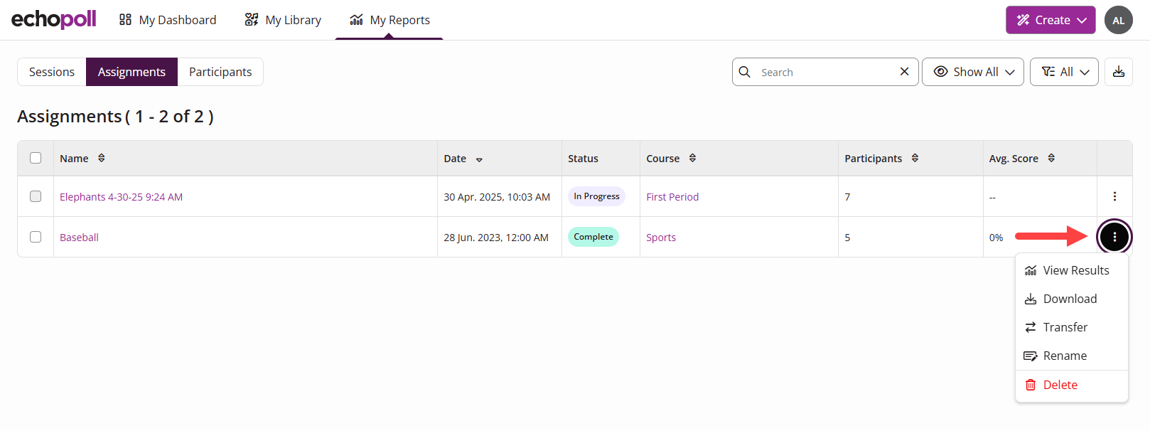 The EchoPoll My Reports tab showing the assignments list with the options expanded