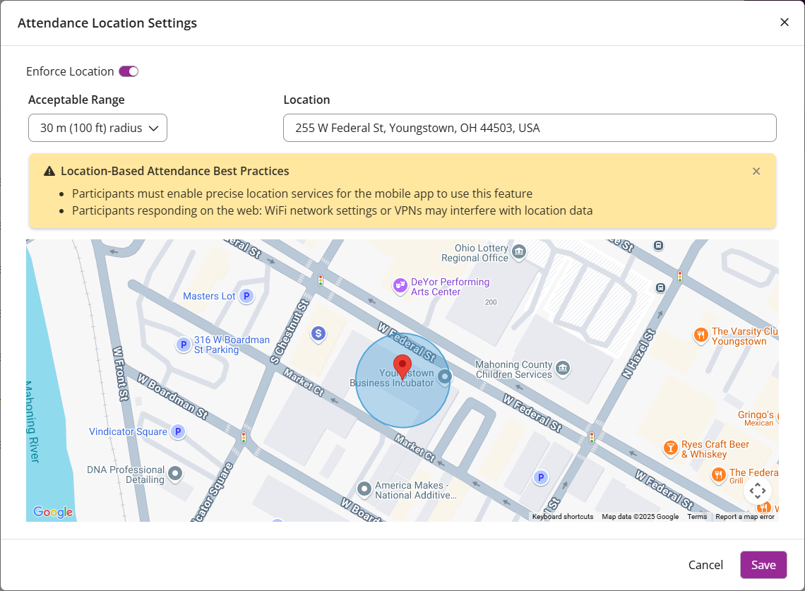 The EchoPoll Attendance Location Settings modal