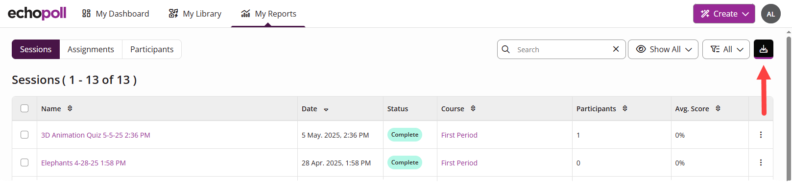 The EchoPoll My Reports tab showing the Sessions list with the download button identified