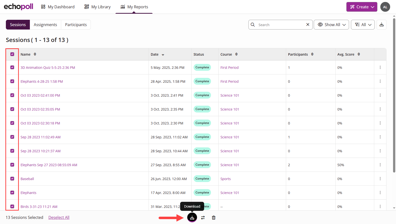 The EchoPoll My Reports page with multiple Sessions selected and the Bulk Download button identified