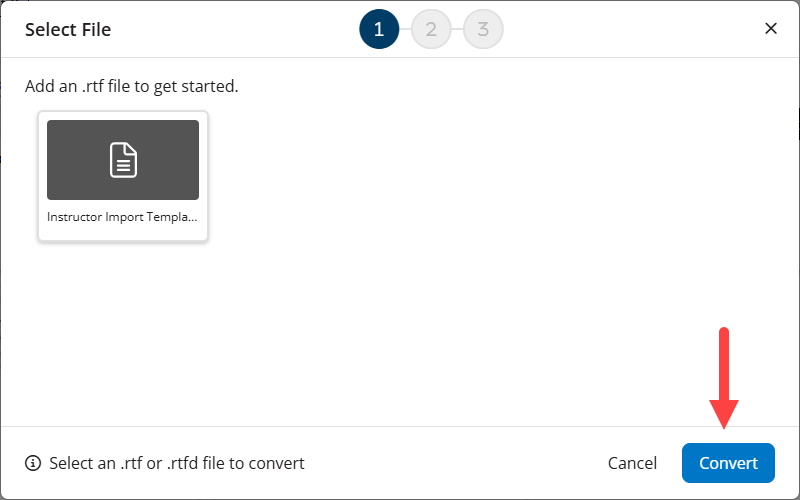 The RTF import modal with a RTF file selected and the Convert button identified