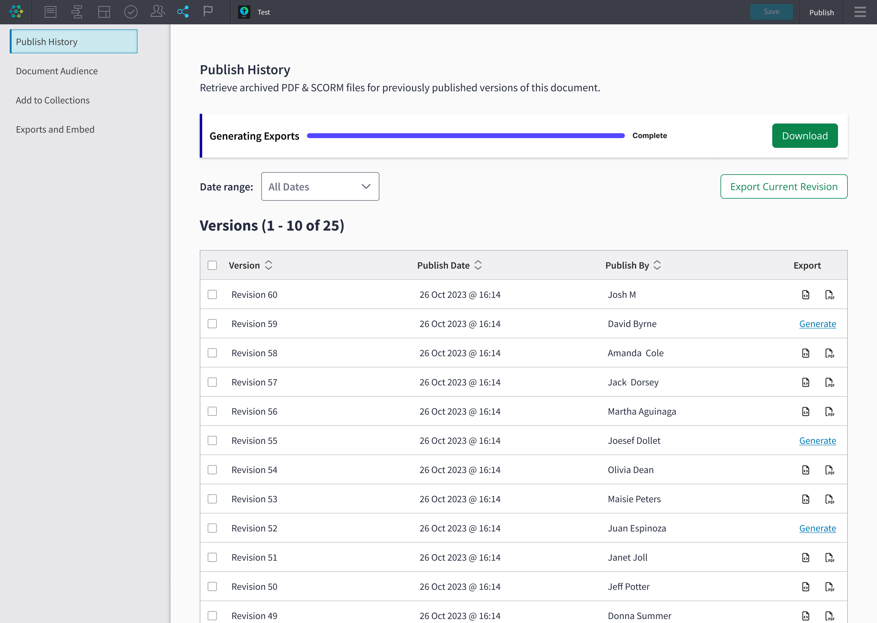 Publish History open showing a generated export and the Download button