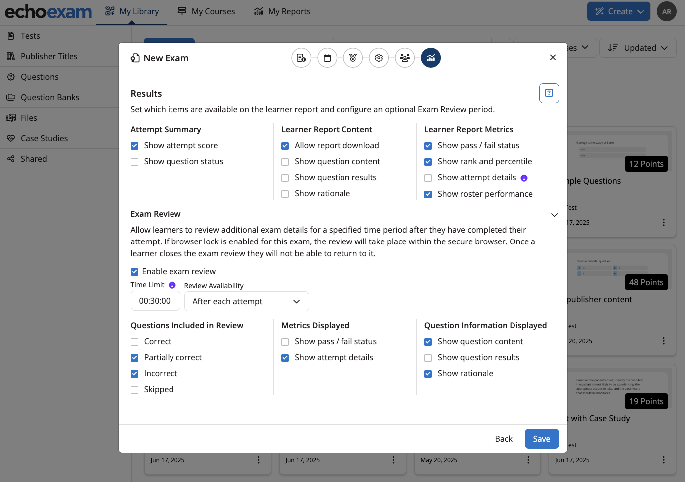Results section options when setting up a new exam that shows Exam Review options