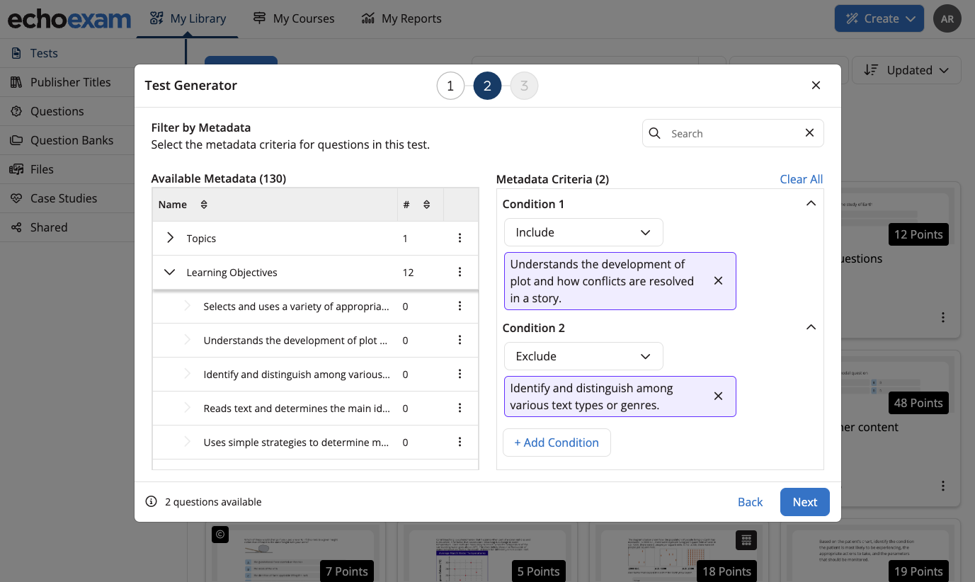 Test Generator showing the option to filter by metedata and conditions set for the selected metadata