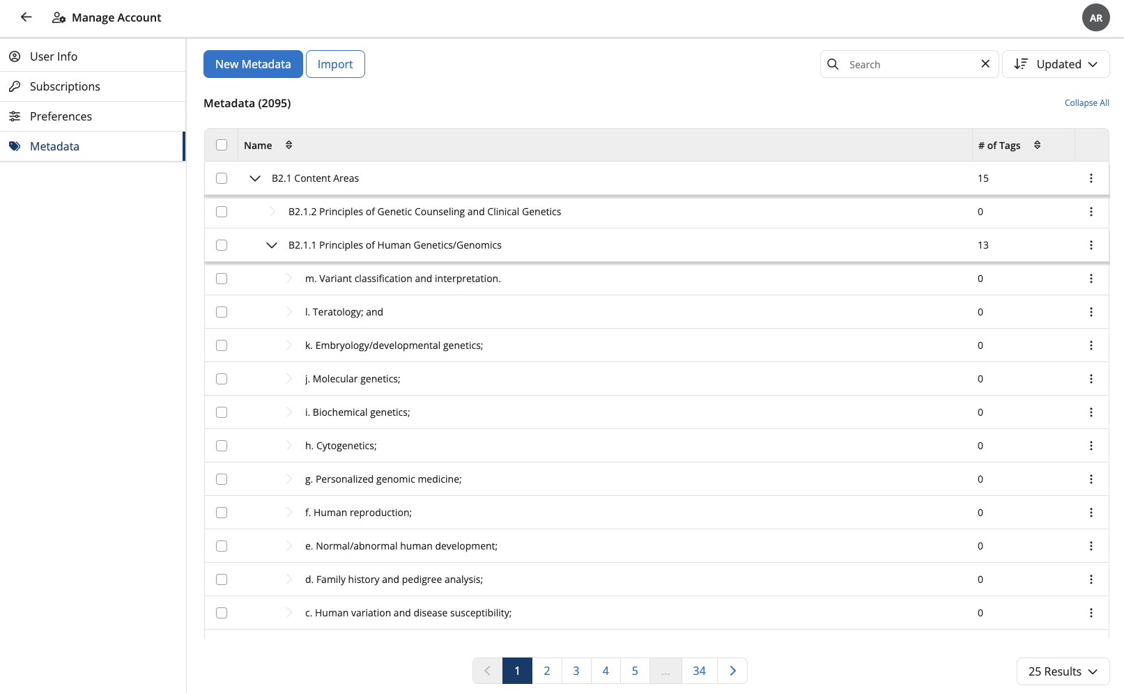 Metadata hierarchy under Manage Account showing the number of questions metadata is tagged to