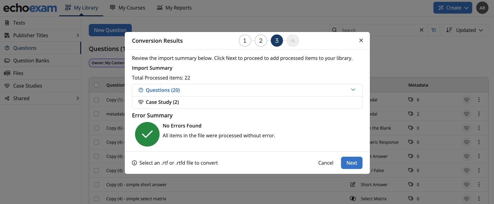 RTF conversion results screen showing a successful conversion with no errors found
