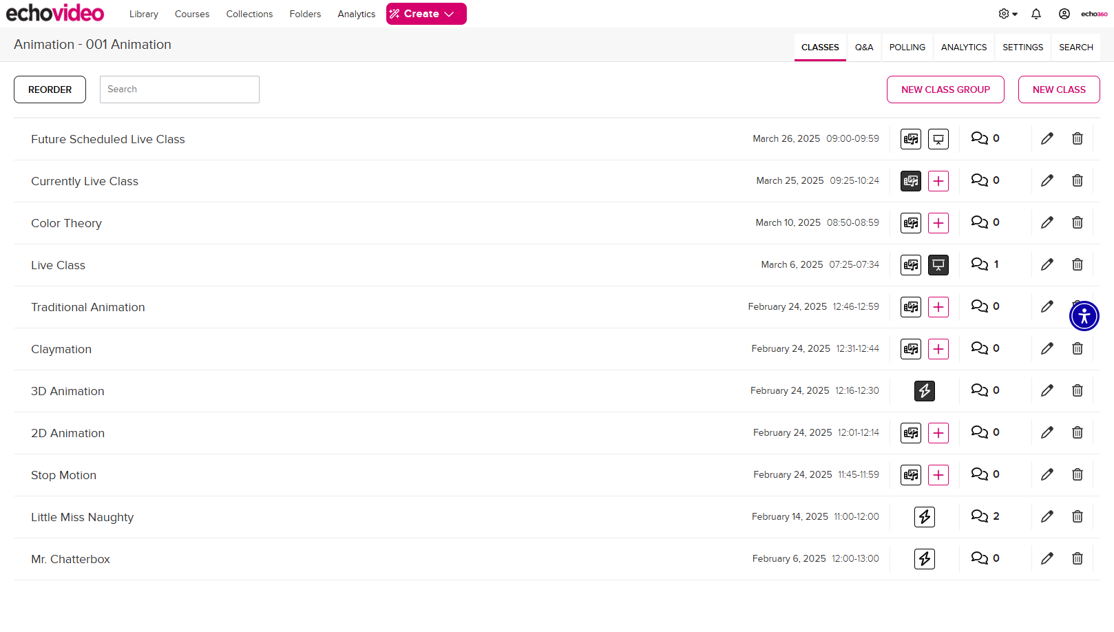Instructor class list page with media icons showing availability as described