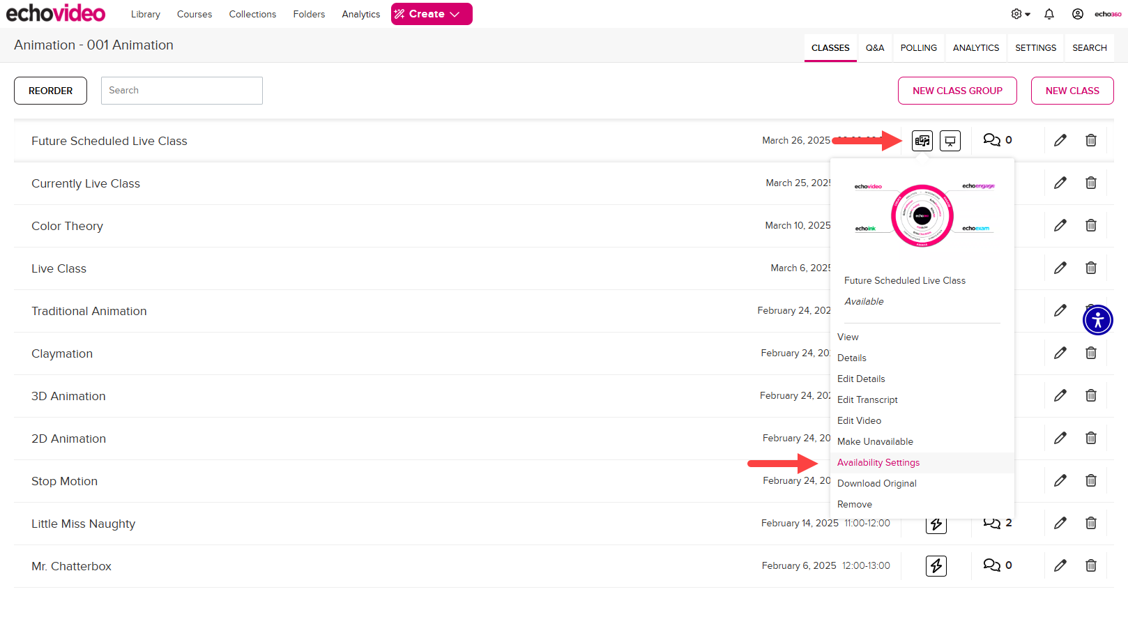 Video icon menu for instructor with availability settings option identified as described