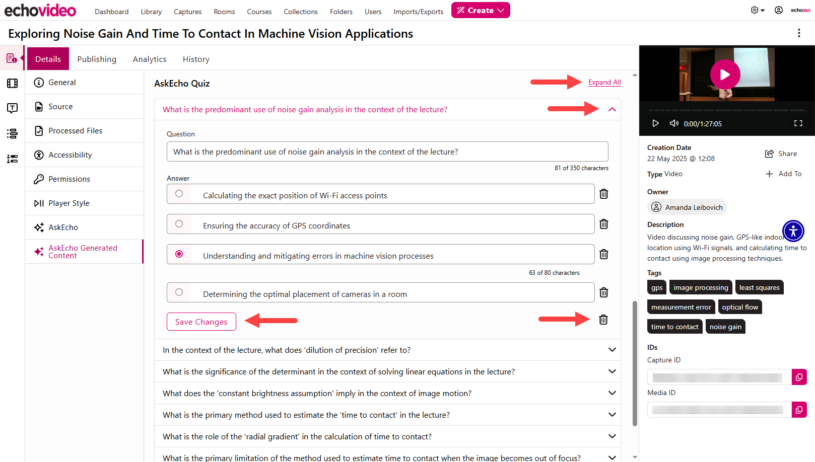 The AskEcho Generated Content tab showing an expanded Quiz and the available actions identified