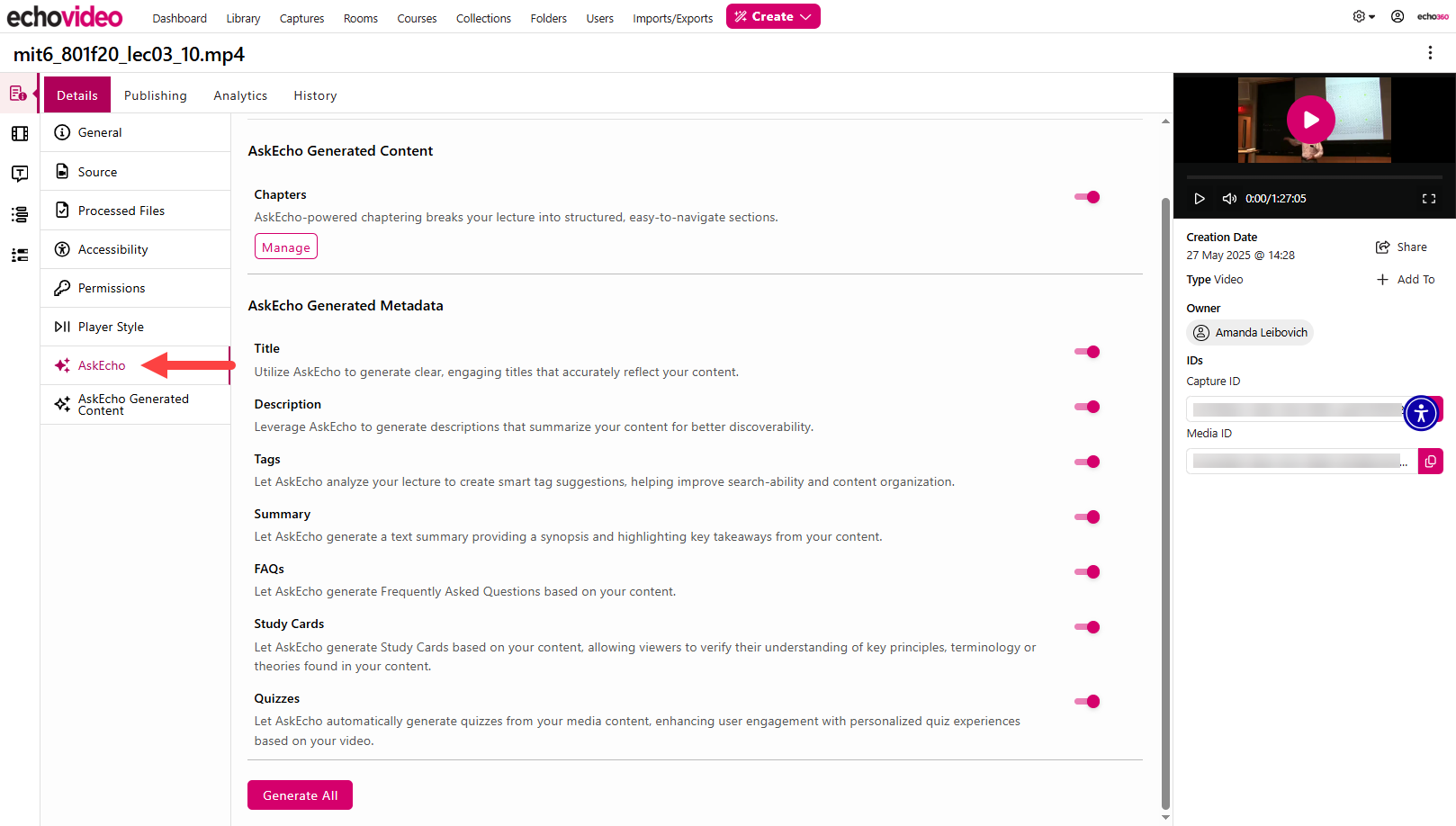 AskEcho menu of the Details tab under Media Details identified as described