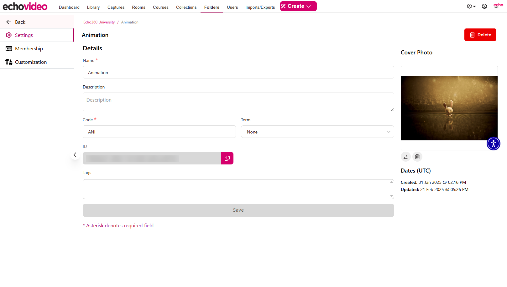 Folder settings with the cover photo populated as described in the steps