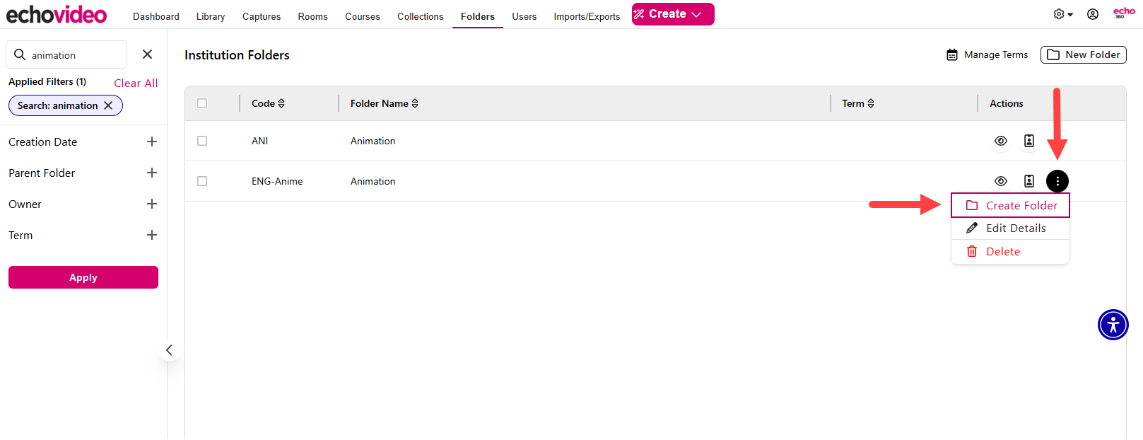 Folder action menu expanded with Create Folder identified as described