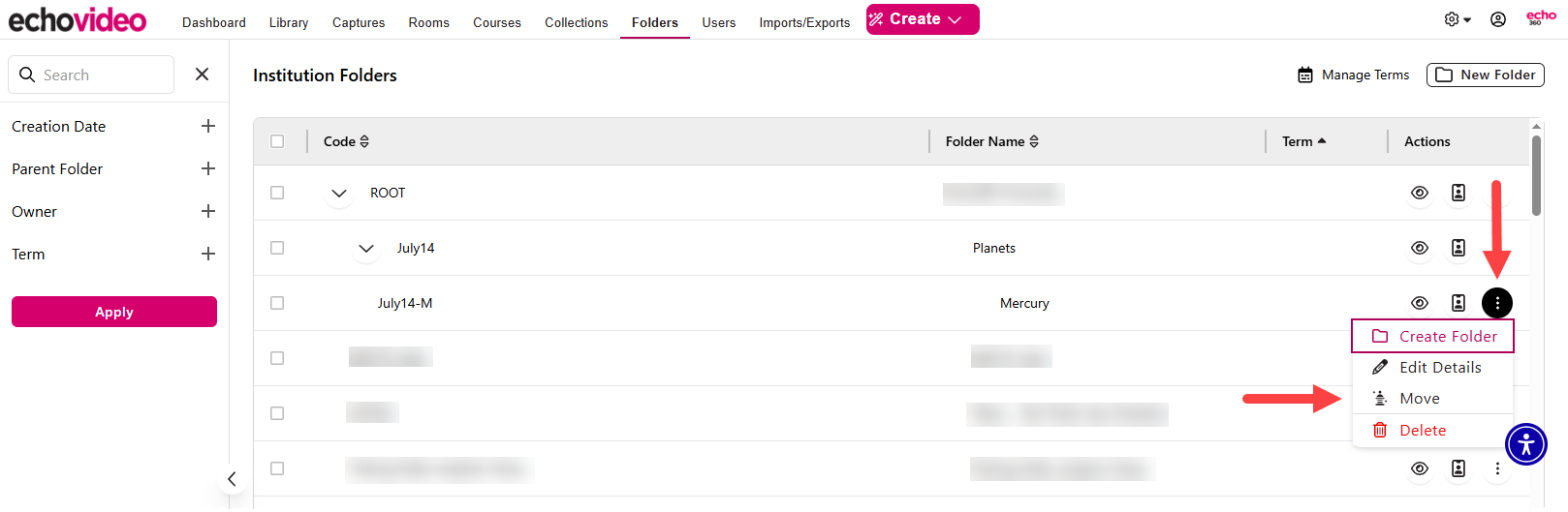 Folder action menu expanded with Move identified as described