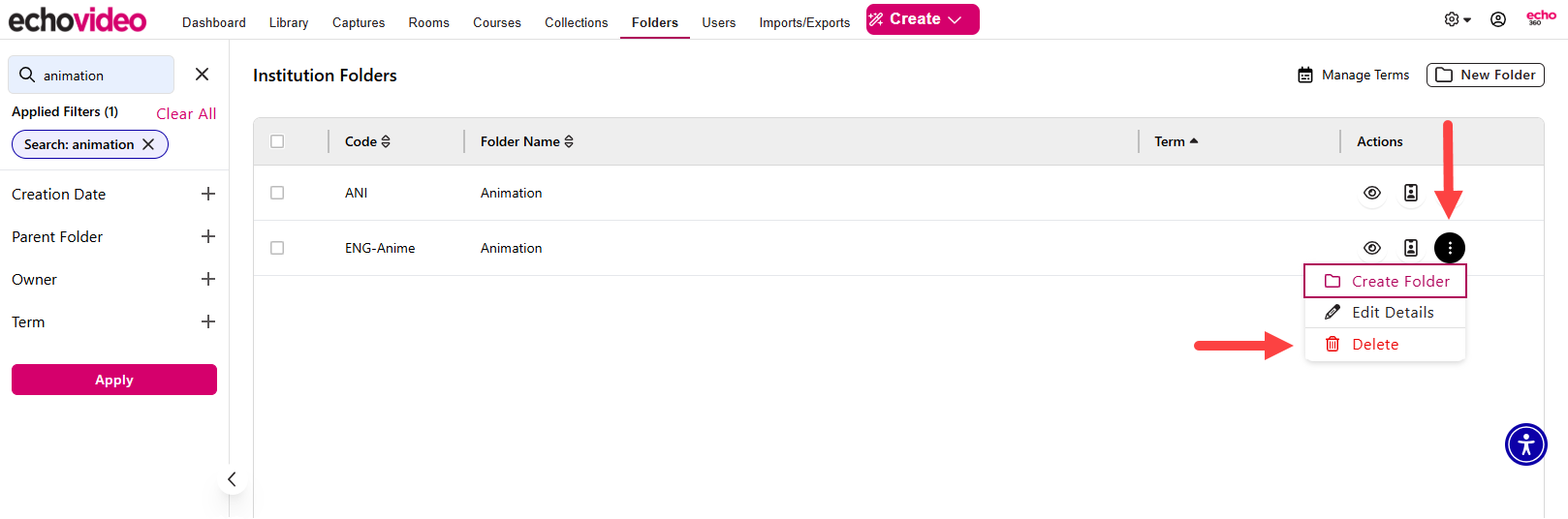 Folder action menu expanded with Delete identified as described
