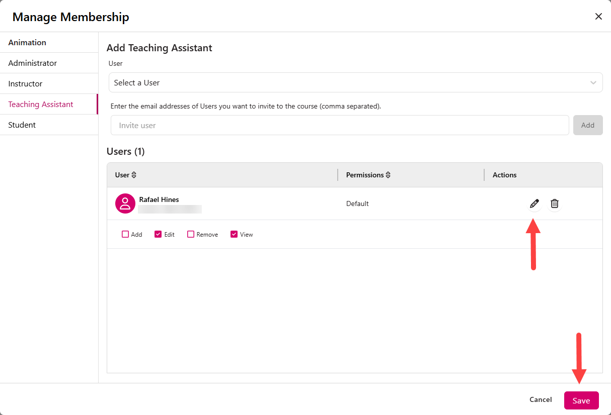 Manage Membership Modal with a selected user's permissions displayed