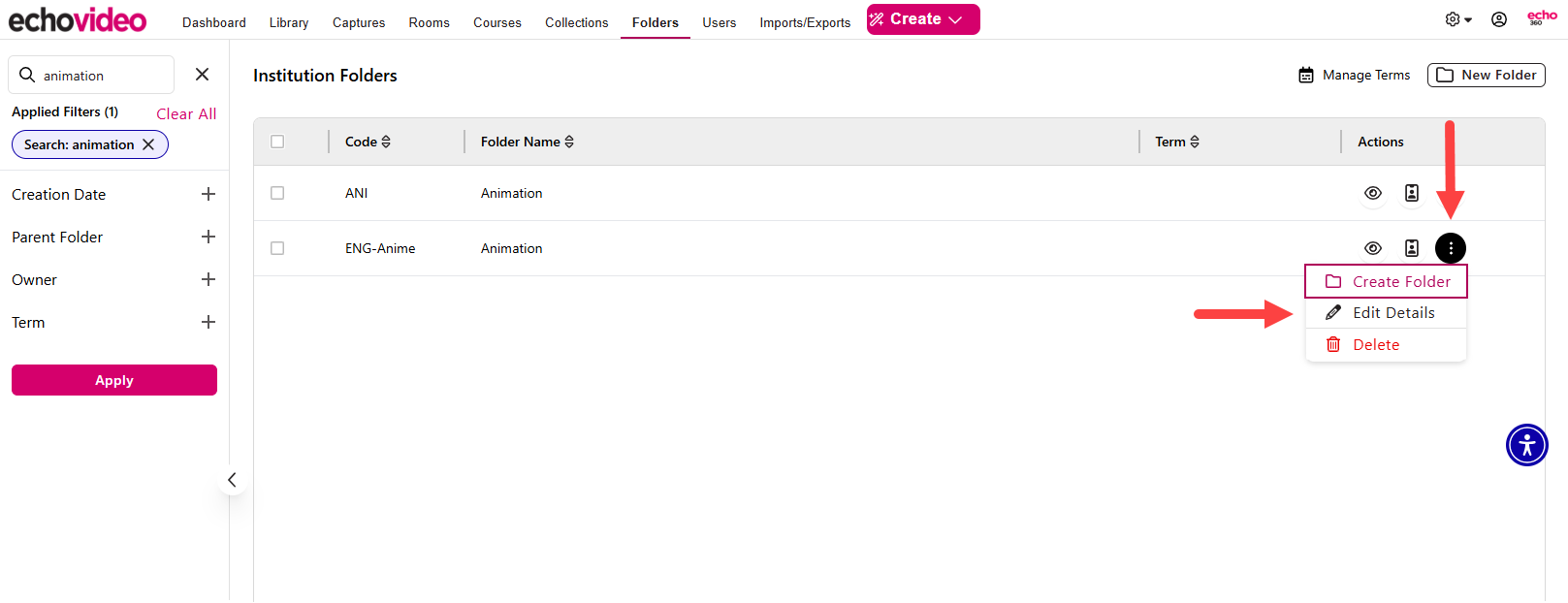 Folder action menu expanded with Edit Details identified as described