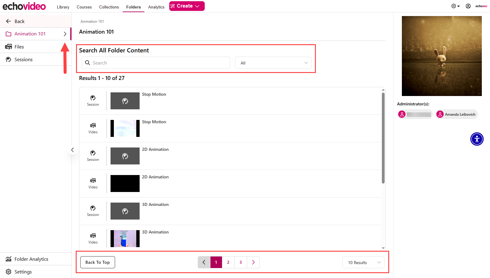 Open folder view with folders expanded, search bar, and pages identified as described