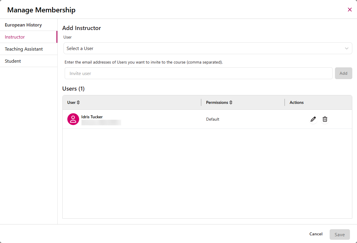 Manage Membership Modal as described
