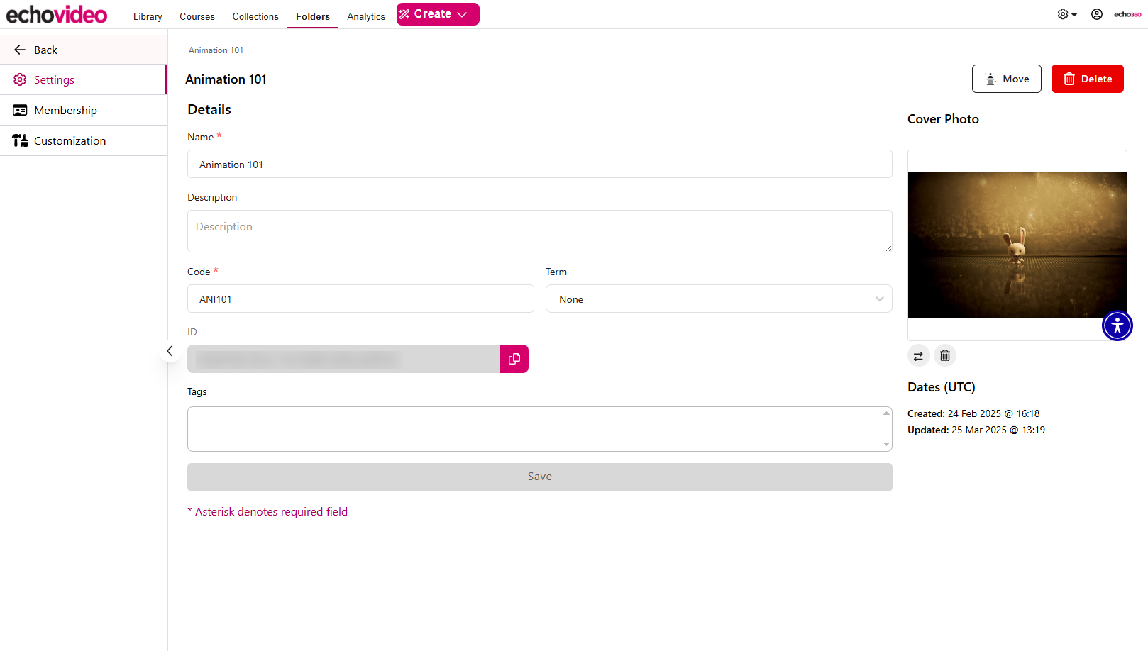 Folder settings with the cover photo populated as described in the steps