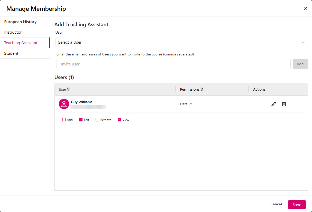 Manage Membership Modal with a selected user's permissions displayed