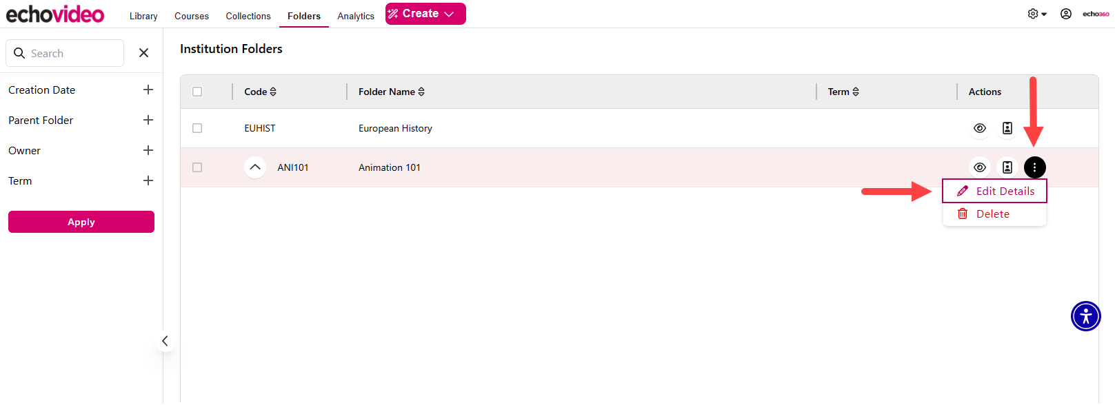 Folder action menu expanded with Edit Details identified as described