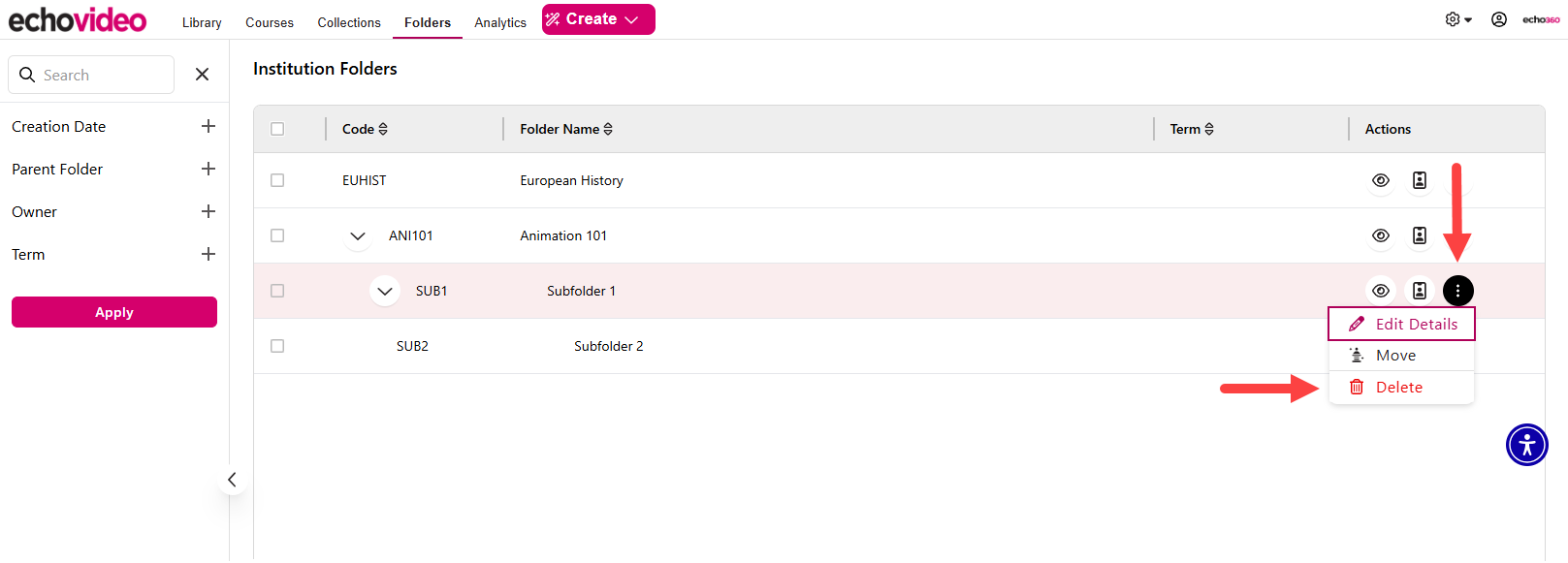 Folder action menu expanded with Delete identified as described